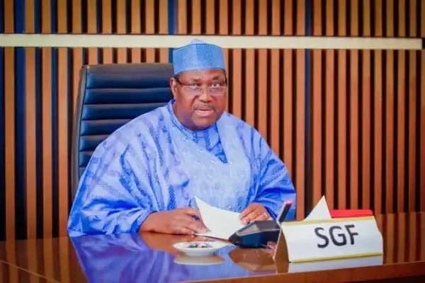 Secretary to the Government of the Federation George Akume addressing journalists during the 2026 Democracy Day briefing in Abuja while discussing inflation, insecurity, and economic reforms in Nigeria.
