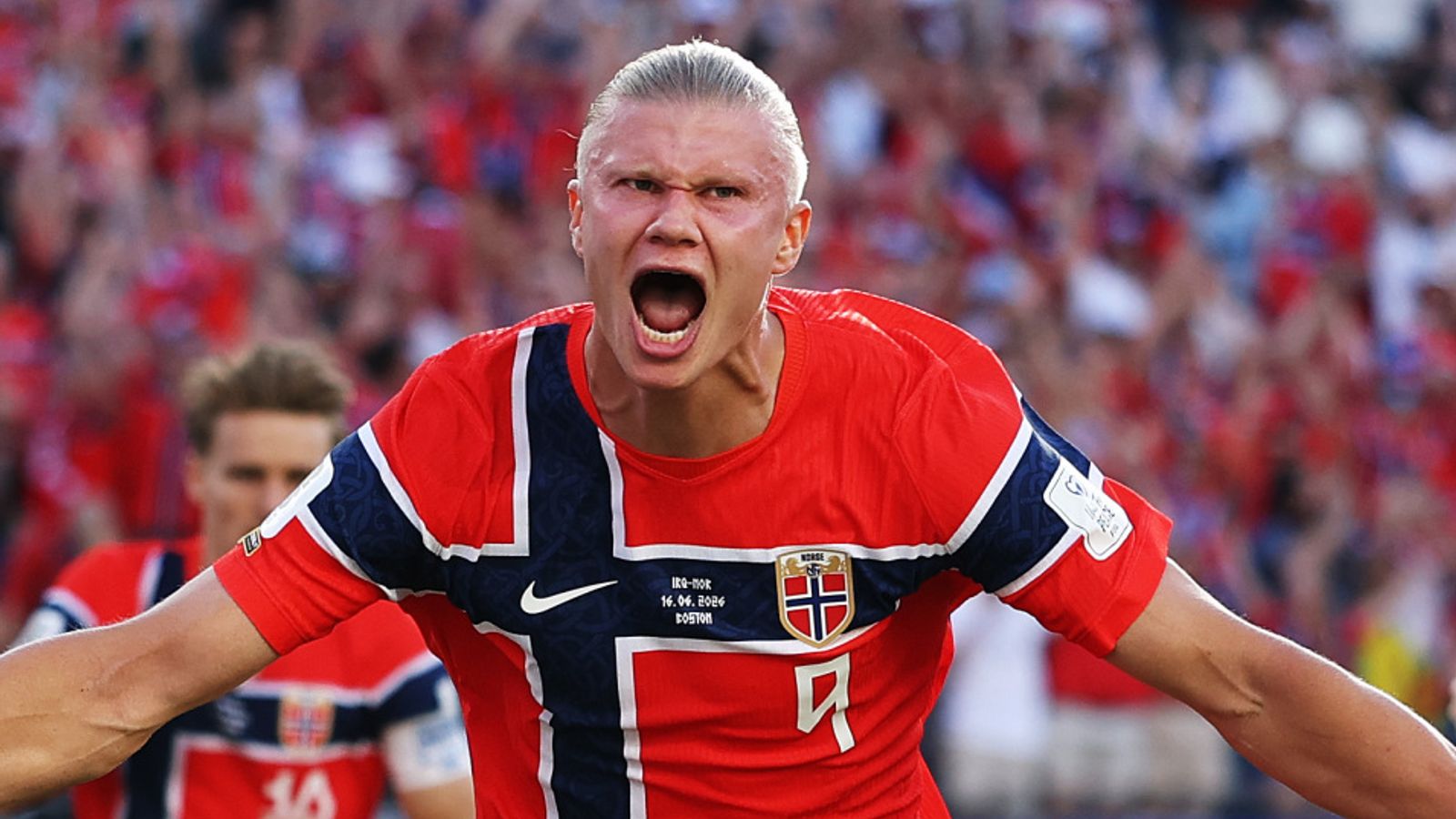 Erling Haaland celebrates after scoring twice during Norway's 4-1 World Cup victory over Iraq.
