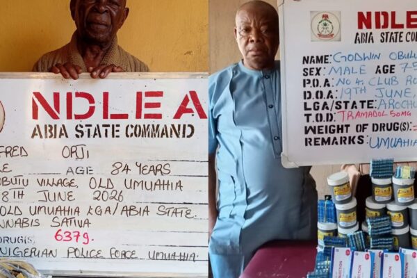 NDLEA operatives arrest two elderly men accused of supplying illicit drugs to secondary school students in Umuahia, Abia State.