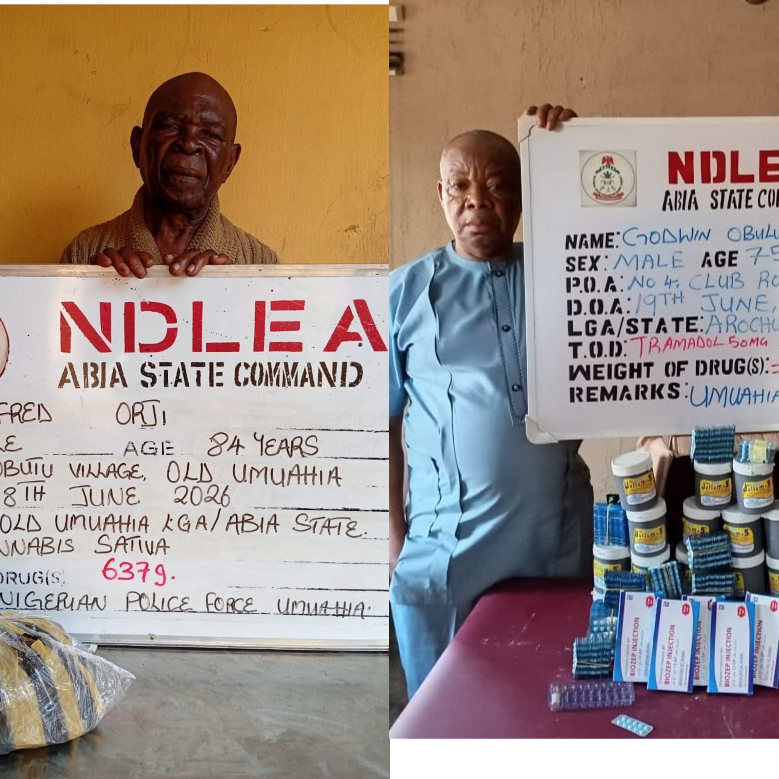 NDLEA operatives arrest two elderly men accused of supplying illicit drugs to secondary school students in Umuahia, Abia State.