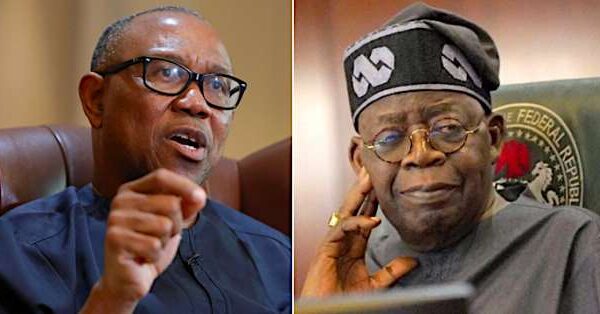 Peter Obi and President Bola Tinubu at separate public events amid a political dispute over presidency.