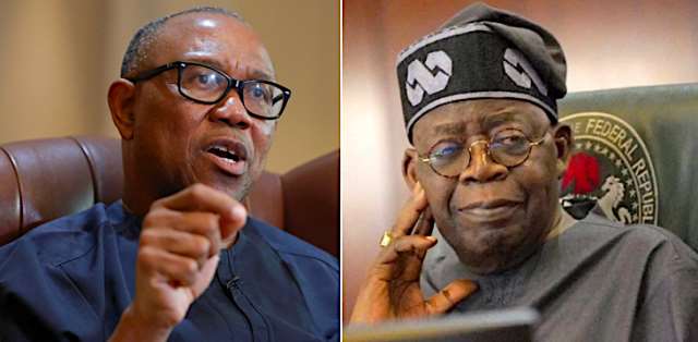 Peter Obi and President Bola Tinubu at separate public events amid a political dispute over presidency.