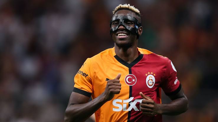 Victor Osimhen celebrating a goal for Galatasaray amid growing transfer speculation.