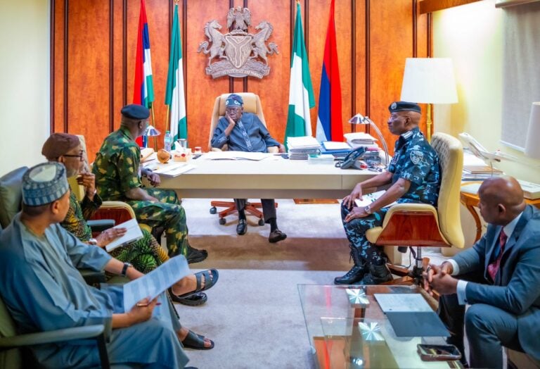 Tinubu meets with security chiefs at the Presidential Villa in Abuja