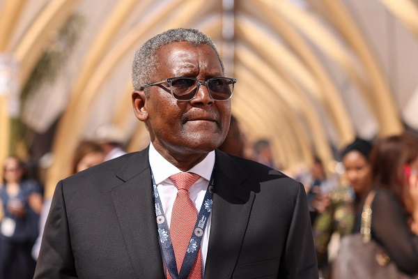 Aliko Dangote speaking during a philanthropic event organised by the Aliko Dangote Foundation.