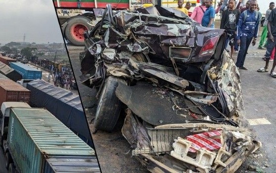 Emergency responders clearing wreckage after a fatal multi-vehicle crash on Kara Bridge along the Lagos-Ibadan Expressway.