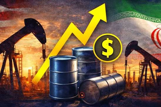 Oil pump jacks and crude oil price chart following a surge in global oil prices after Iran missile attacks.