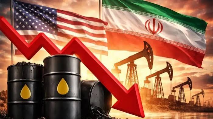 Oil storage facilities as global crude prices decline following a pause in tensions between the United States and Iran.