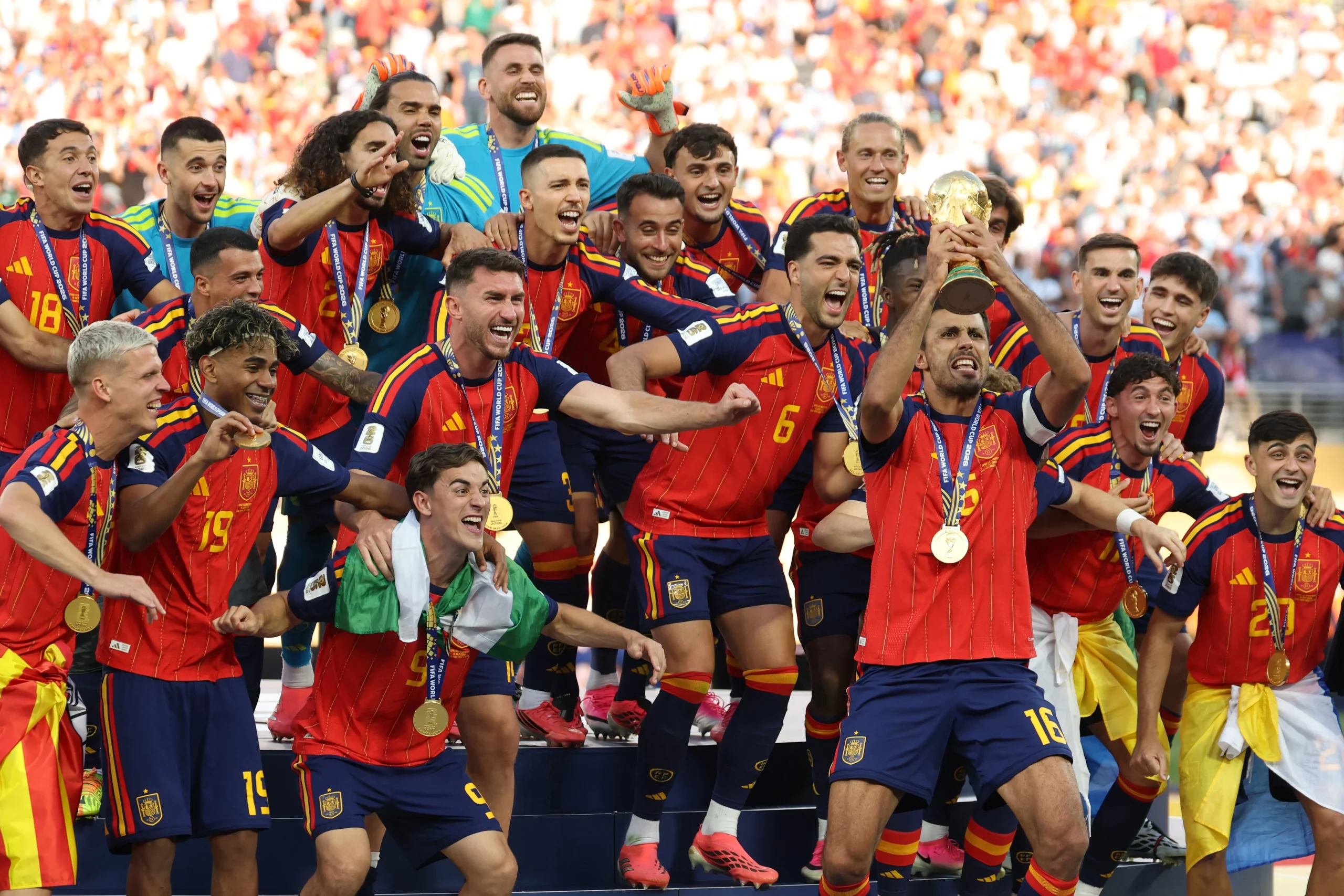 Spain players celebrate after winning the 2026 FIFA World Cup and completing a historic World Cup double.