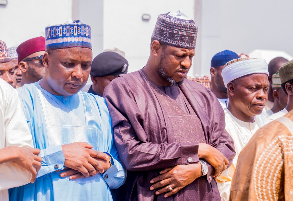 Governor Dikko Umaru Radda attends the funeral prayer of Hajiya Rukayya in Katsina.