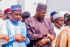 Governor Dikko Umaru Radda attends the funeral prayer of Hajiya Rukayya in Katsina.