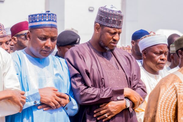 Governor Dikko Umaru Radda attends the funeral prayer of Hajiya Rukayya in Katsina.