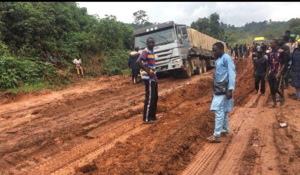 Stranded trailers and fuel tankers during massive gridlock caused by road collapse in Ekiti State