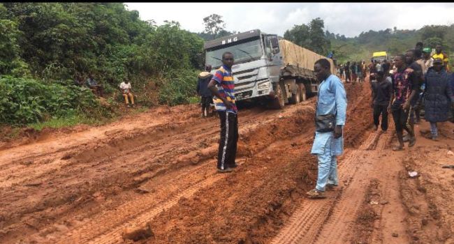 Stranded trailers and fuel tankers during massive gridlock caused by road collapse in Ekiti State
