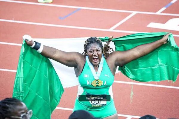 Jessica Oji celebrates after winning the women's shot put gold medal at the World U20 Athletics Championships in Oregon.
