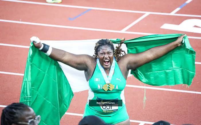 Jessica Oji celebrates after winning the women's shot put gold medal at the World U20 Athletics Championships in Oregon.