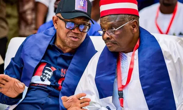 Peter Obi and Rabiu Kwankwaso speaking during the Obi Talks Nigeria town hall in Port Harcourt