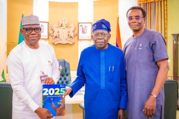 NNPC Limited Group Chief Executive Officer Bashir Bayo Ojulari presents the company’s 2025 audited financial statement to President Bola Tinubu at the Presidential Villa in Abuja.