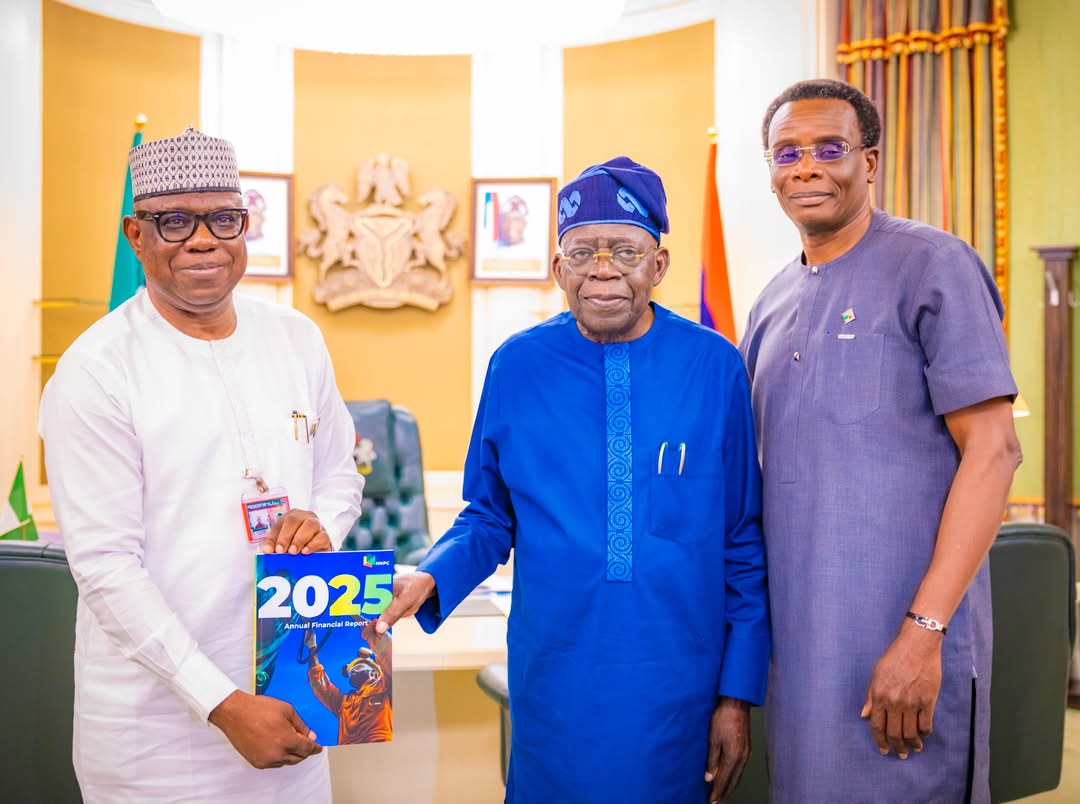 NNPC Limited Group Chief Executive Officer Bashir Bayo Ojulari presents the company’s 2025 audited financial statement to President Bola Tinubu at the Presidential Villa in Abuja.